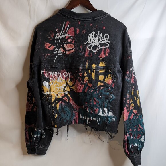 Love & Legend Black Denim Jacket w/ Graffiti Gothic Punk, Size 16 - Picture 1 of 7